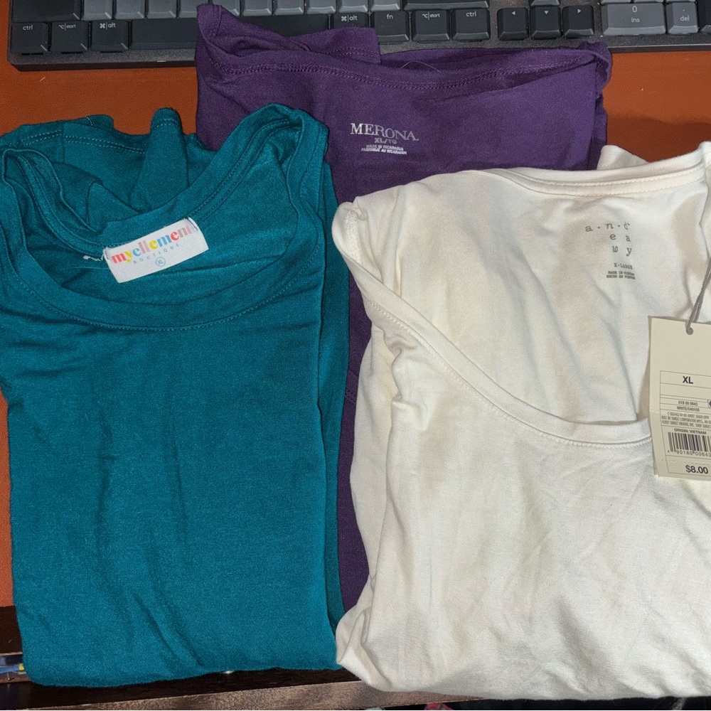 Bundle of 3 Short Sleeve Tees- XL, Teal, Deep Purple, and cream